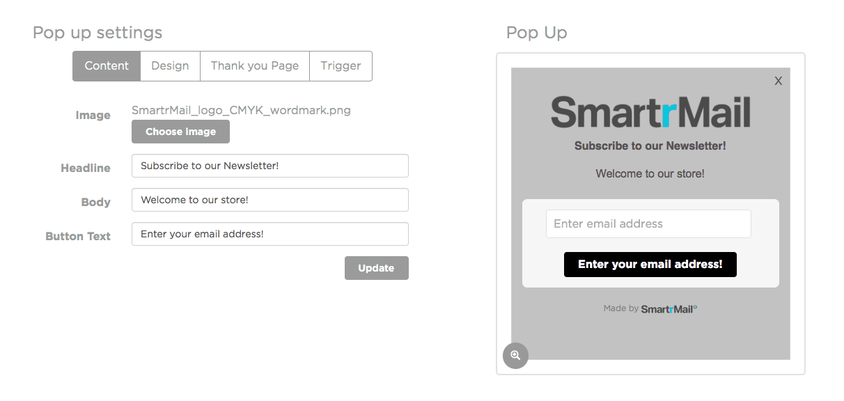 SmartrMail Popup Settings