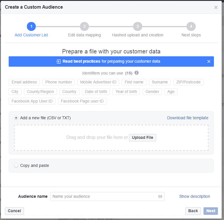 Facebook custom audience creation