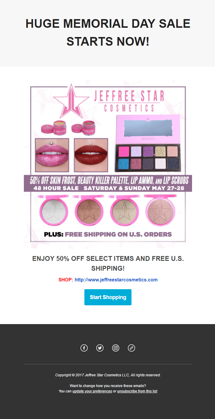 jeffree star cosmetics beauty make-up sale newsletter email