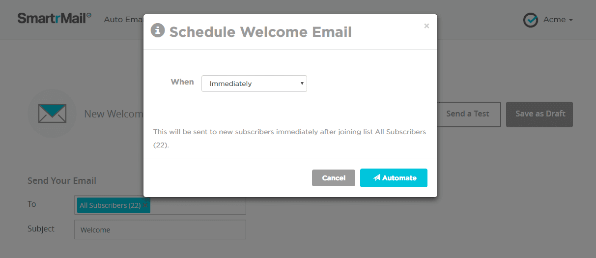 Smartrmail welcome email automation send settings schedule
