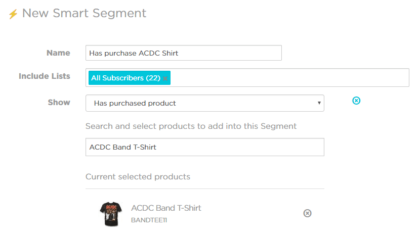 cross sell smartrmail smart segment ACDC band tshirt segmentation rules purchase history