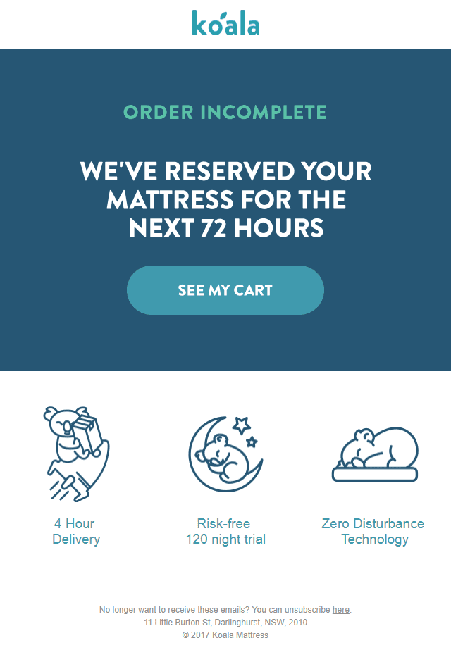 koala mattress abandoned cart email reminder time sensitive