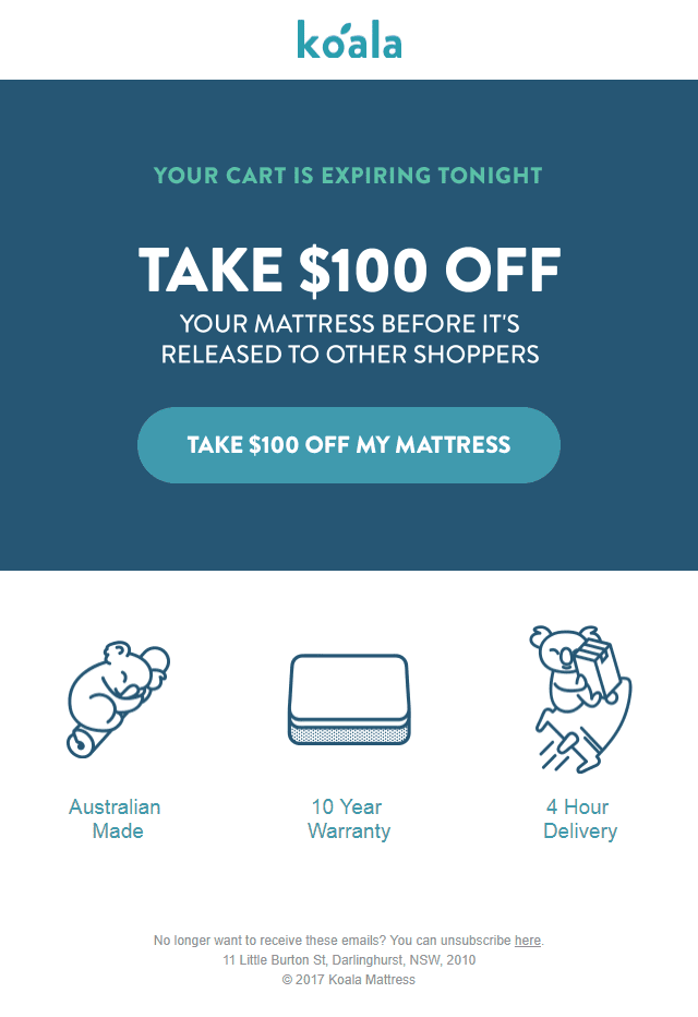 koala mattress abandoned cart follow up email offer code discount