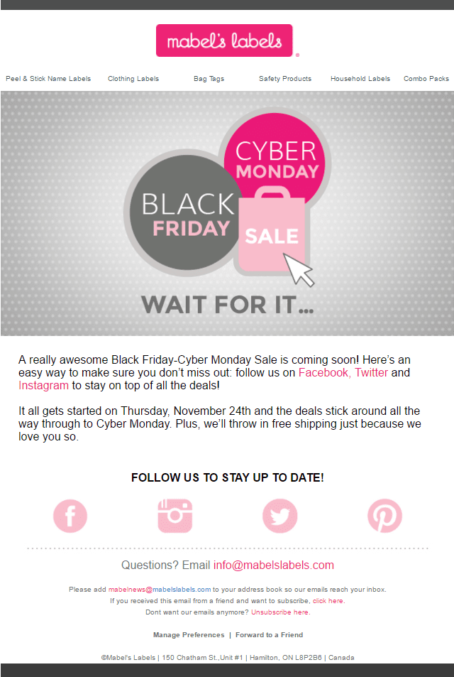 Mabel’s Labels email marketing newsletter black friday cyber monday sale social media