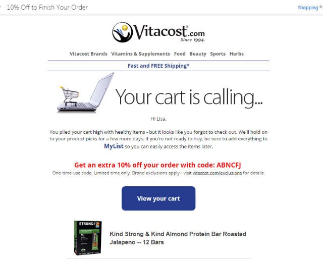 vitacost automated abandoned cart email discount offer code