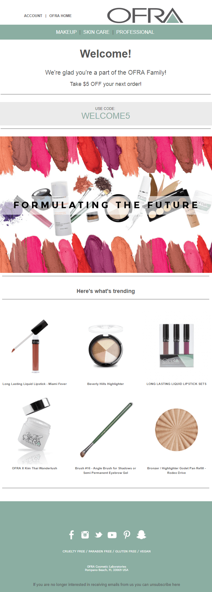 Ofra welcome email campaign make up offer code product recommendations