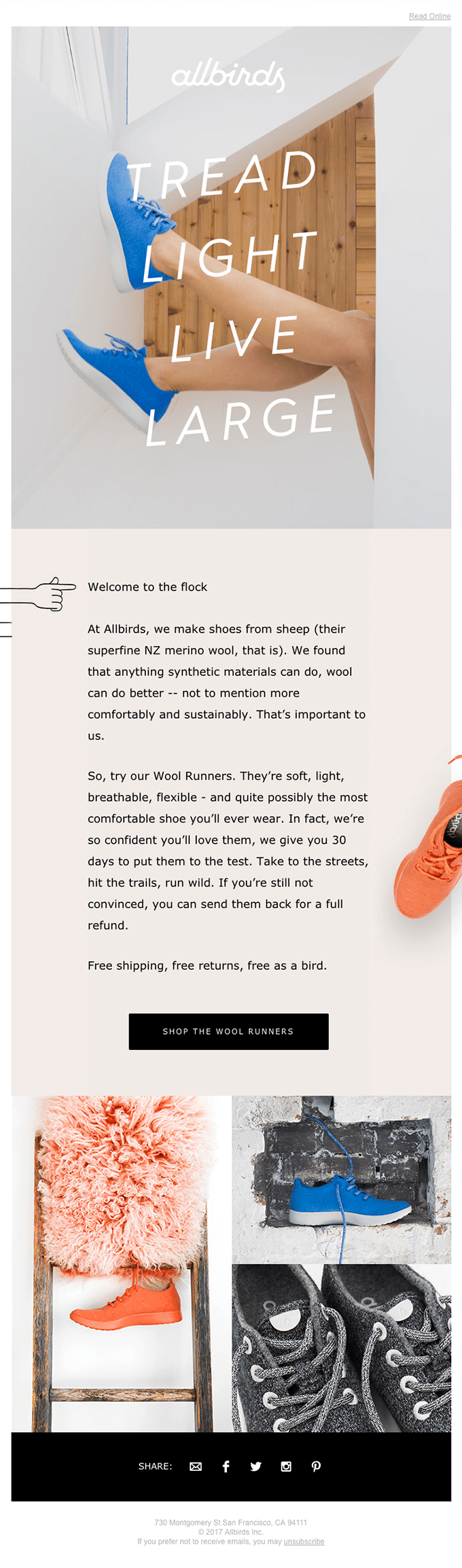 Allbirds' welcome email example
