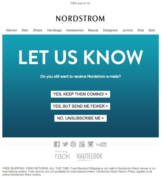 nordstrom fashion email marketing win-back campaign concise copy email list manage preferences send fewer unsubscribe