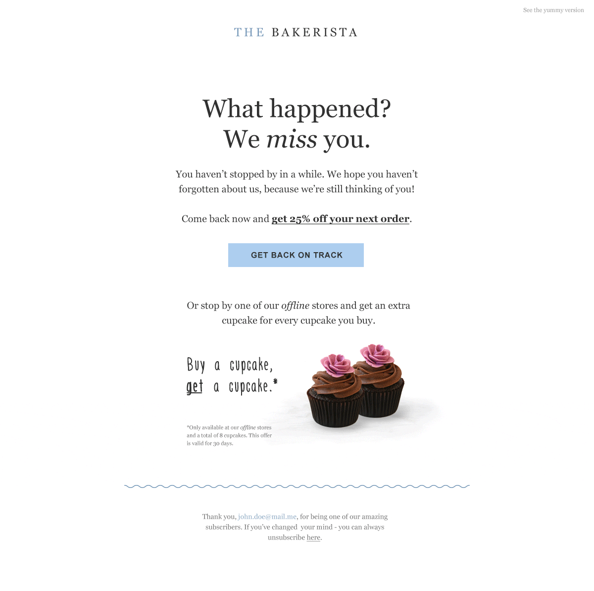 the bakerista cupcakes discount offer win-back email marketing campaign