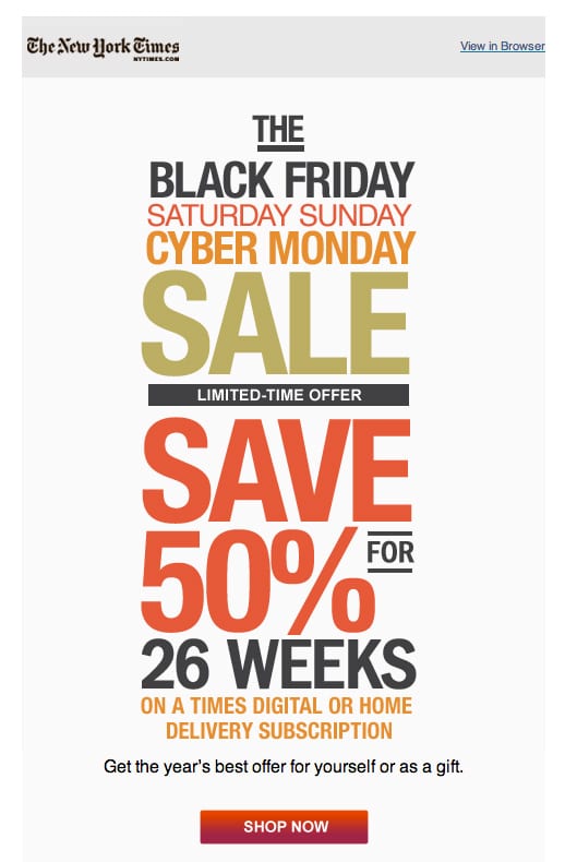 new york times newspaper email deal 50% off subscription black friday saturday sunday cyber monday offer