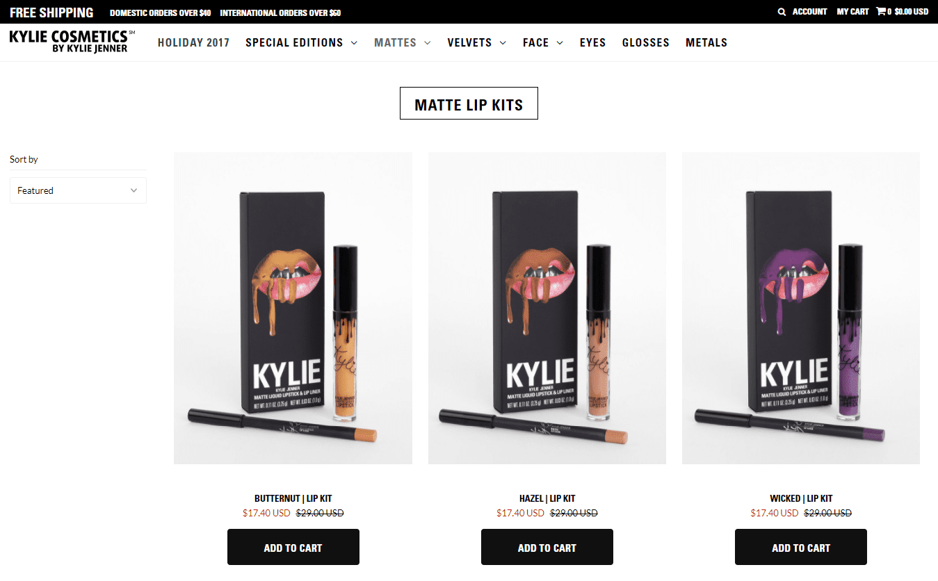 kylie jenner cosmetics beauty make-up lip kits brand ecommerce store shopify plus