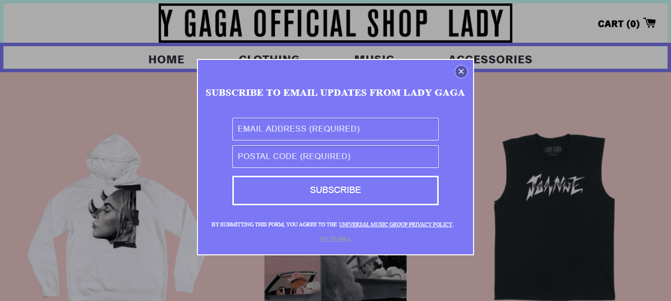 lady gaga official shop pop up email collection list marketing shopify plus little monsters