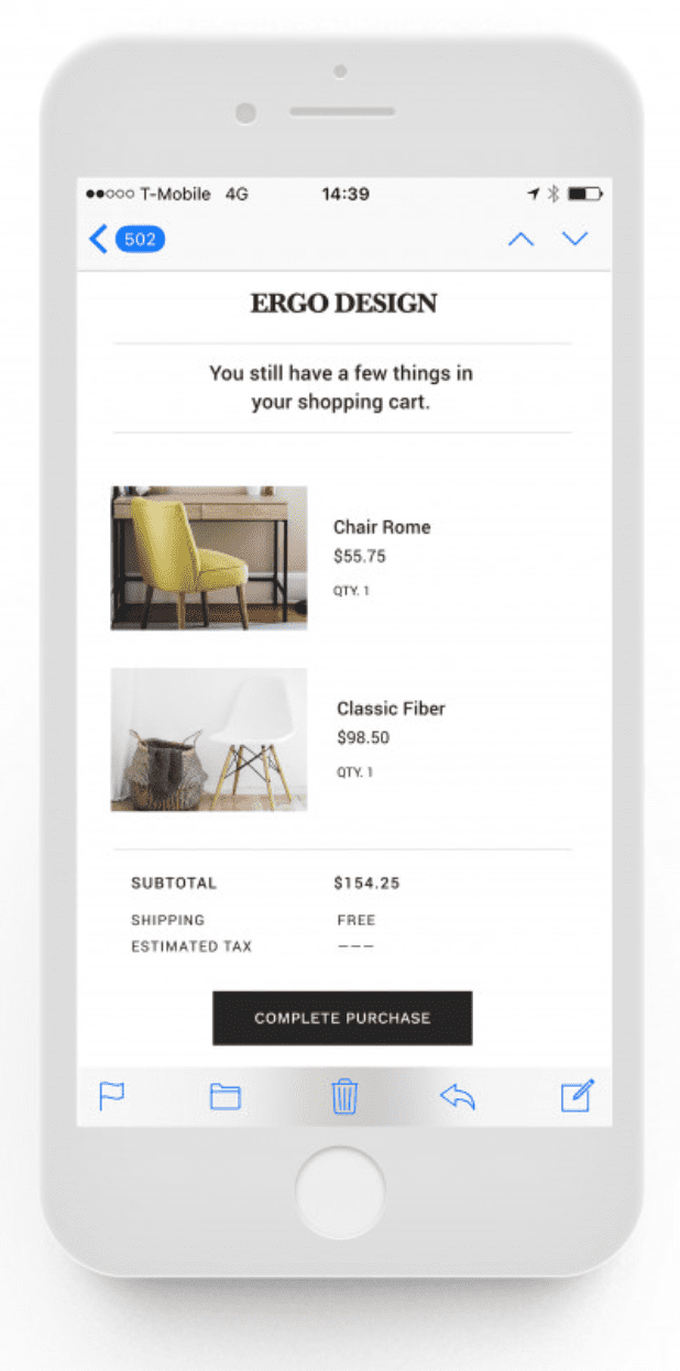 Mobile optimised abandoned cart email example