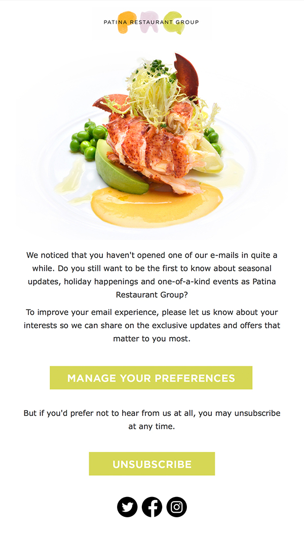 restaurant winback email example