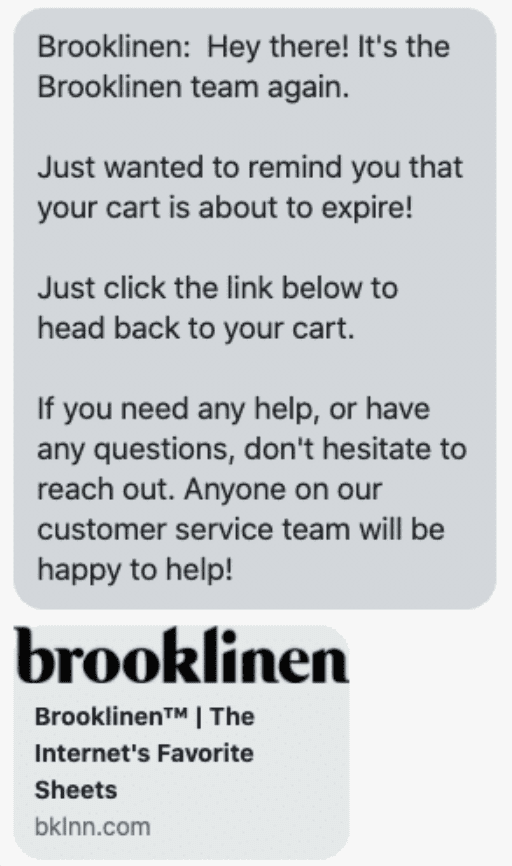 Abandoned cart recovery with SMS brooklinen