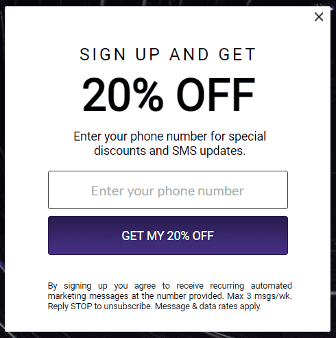 sign up and get 20% off sms sign up pop up